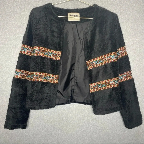 Savanna Jane Faux Fur Embroidered Open Front Black Jacket - Picture 1 of 5